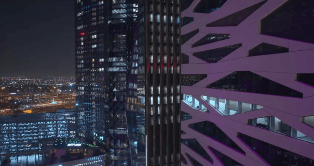 Illuminated urban skyline at dusk